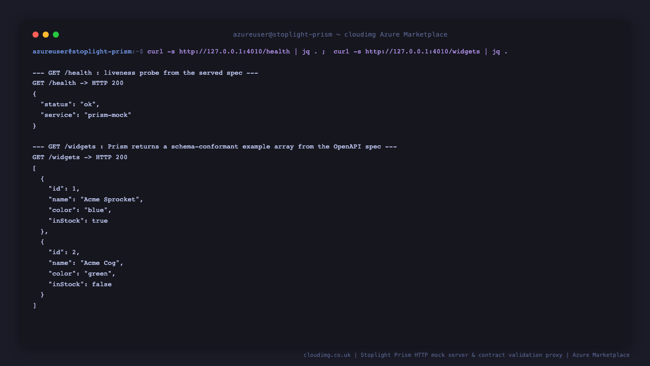 GET /health returns status ok, and GET /widgets returns a schema conformant JSON array of two widgets straight from the OpenAPI specification