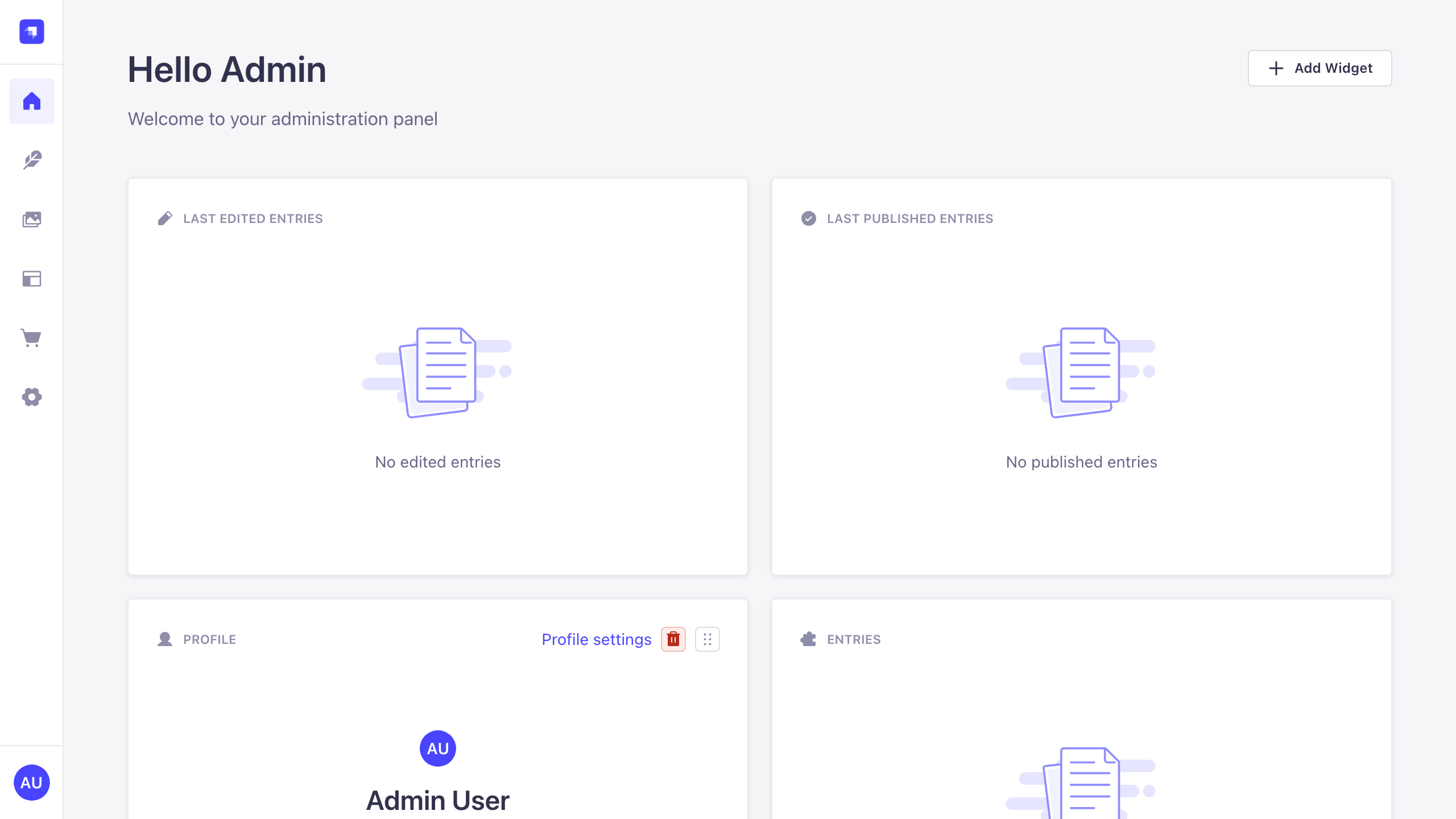 The Strapi admin panel home after signing in