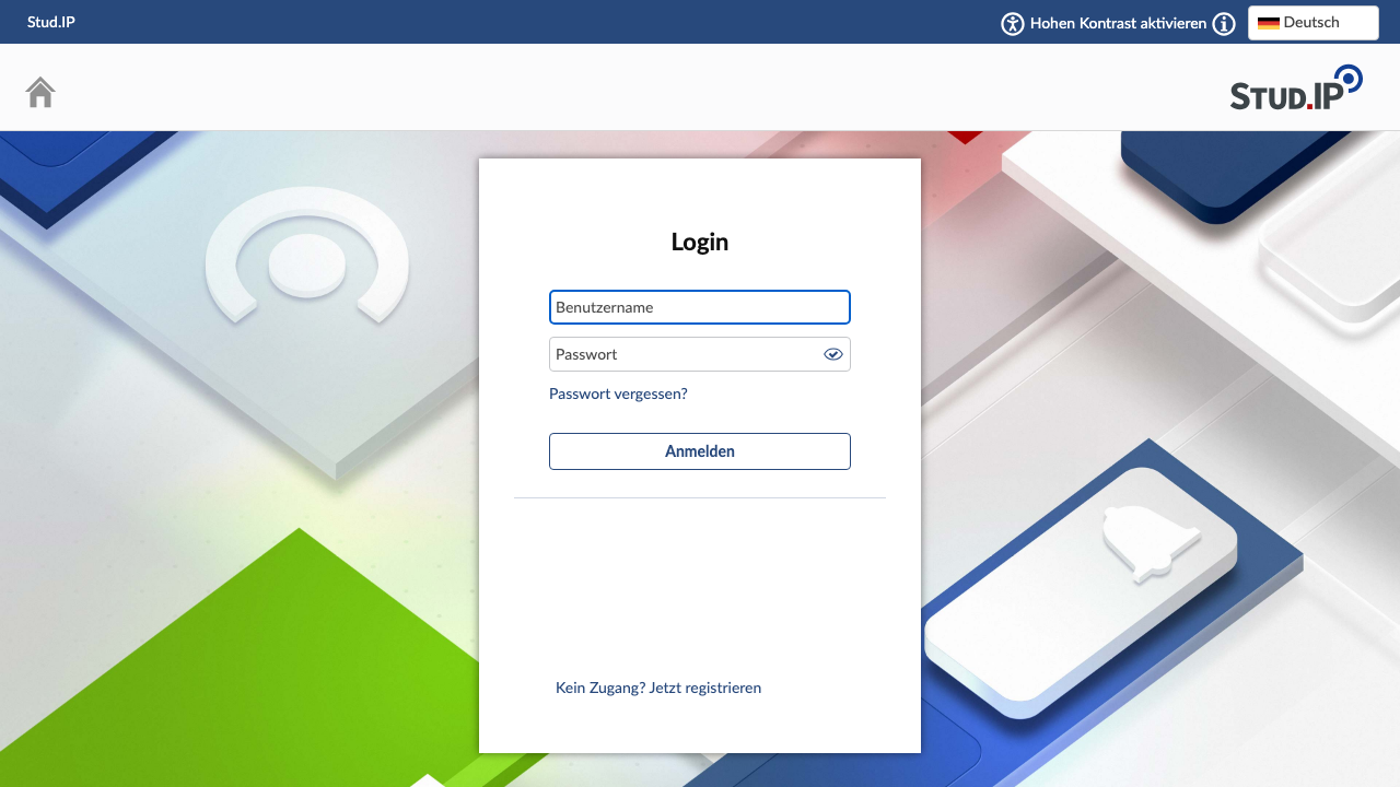 The Stud.IP sign in page with the username field, the password field and the login button