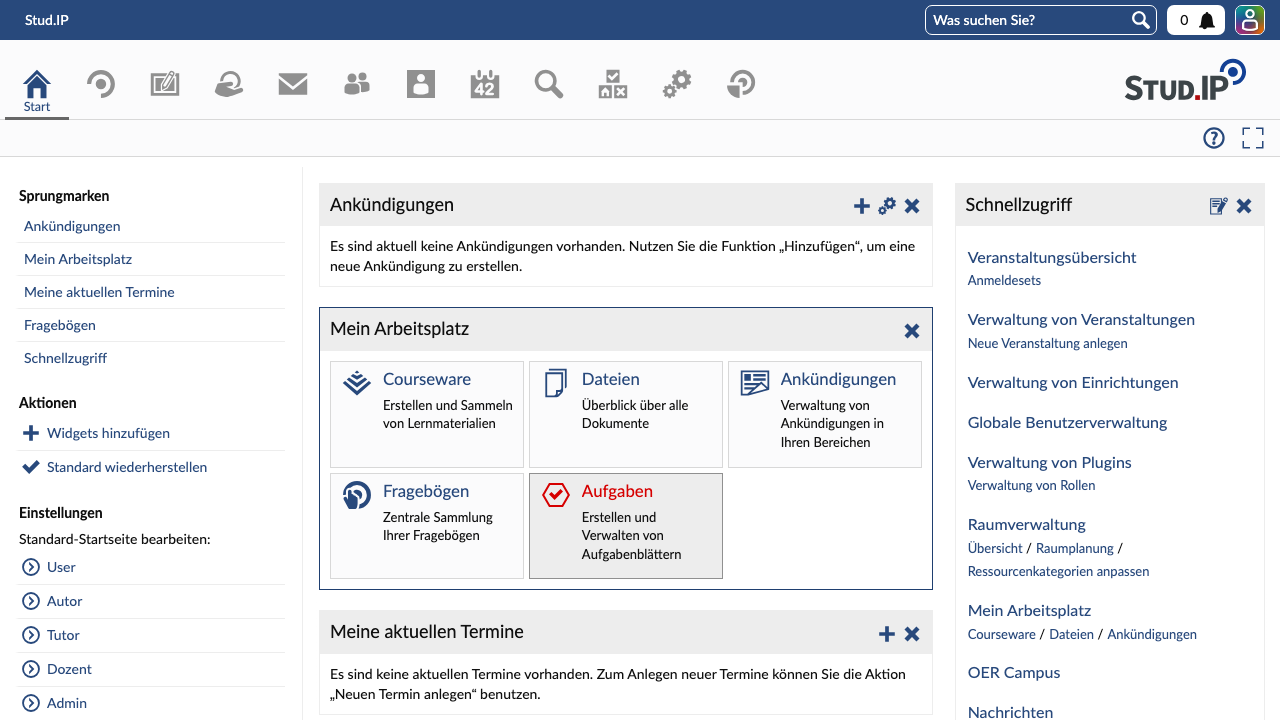The Stud.IP personal desktop after signing in as the administrator, showing the navigation across courses, schedule, messages and tools, and the personal start page widgets
