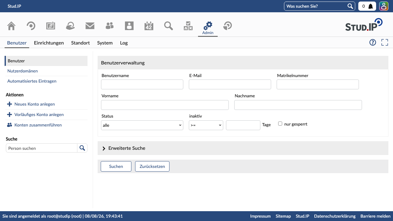 The Stud.IP administration area showing the management sections for users, courses, institutes, semesters and system configuration