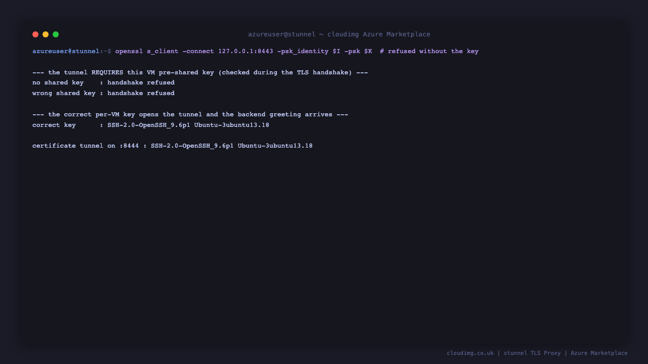 The secure by default pre shared key round trip: a TLS handshake with no shared key and a handshake with the wrong shared key are both refused outright, while the correct per VM key opens the tunnel and the backend service greeting arrives through it