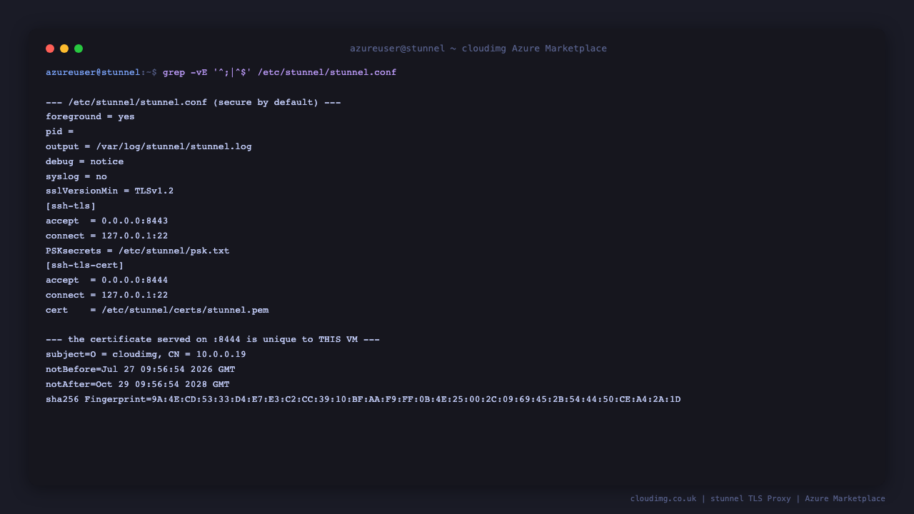 The stunnel configuration file showing the secure defaults: a TLS 1.2 minimum floor, the ssh-tls tunnel requiring the per VM pre shared key file, and the ssh-tls-cert tunnel terminating TLS with the per VM certificate, each mapping an accept port to a backend connect address