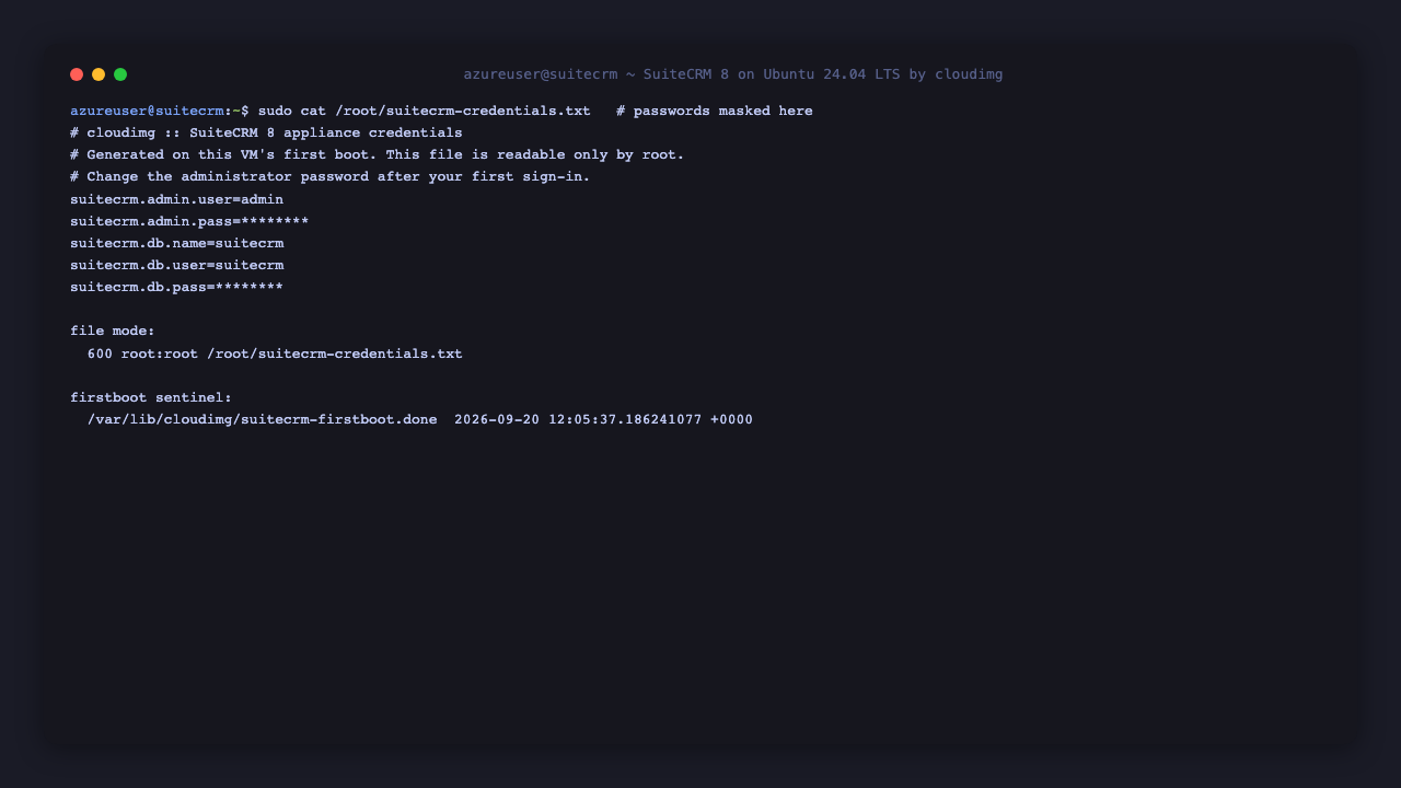 The per-VM credentials file, its mode, and the first-boot sentinel