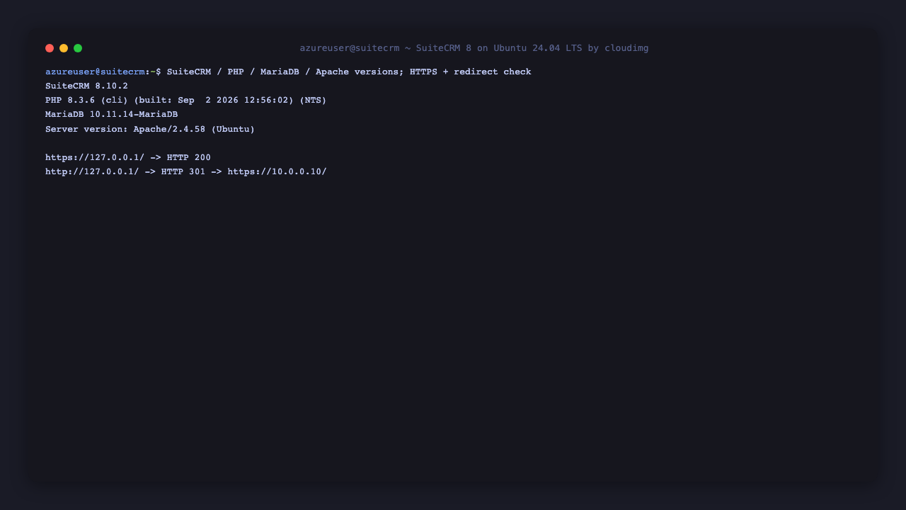 SuiteCRM, PHP, MariaDB and Apache versions with the HTTPS and redirect check