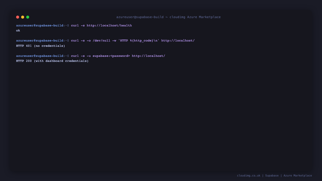 Supabase static health endpoint and the kong basic-auth dashboard check