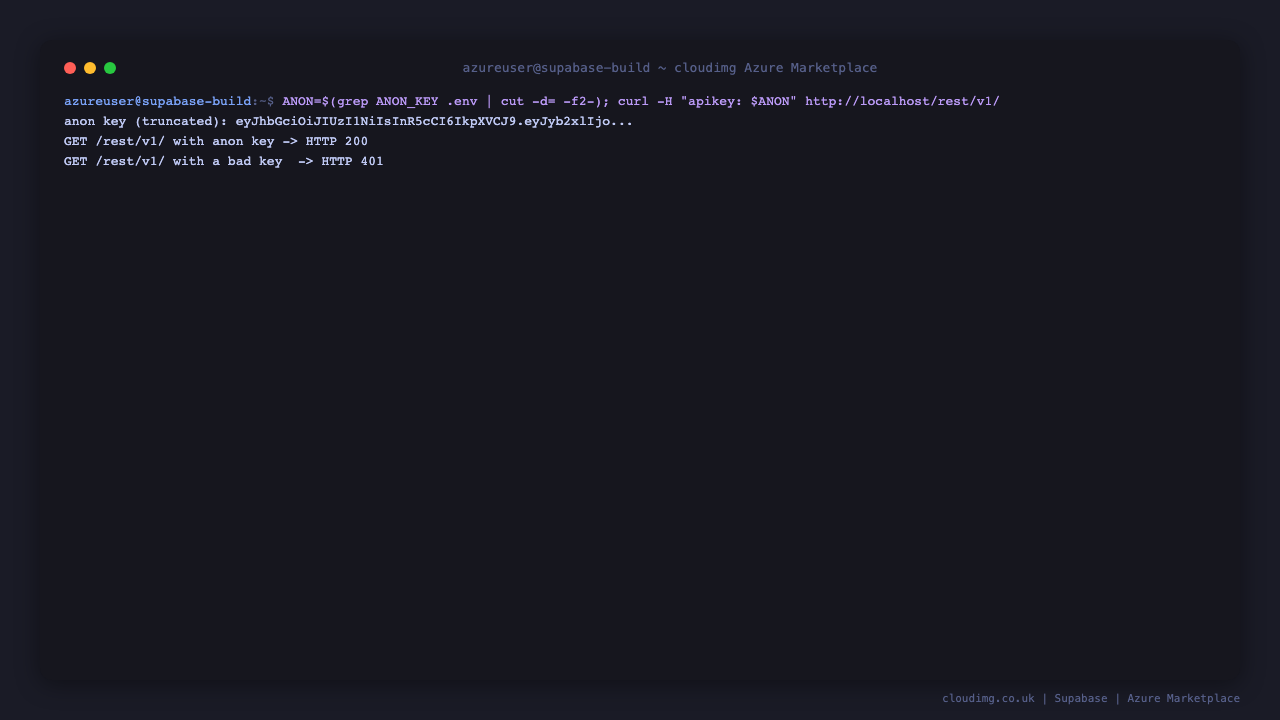 The per-VM anon key authenticating against the auto-generated REST API