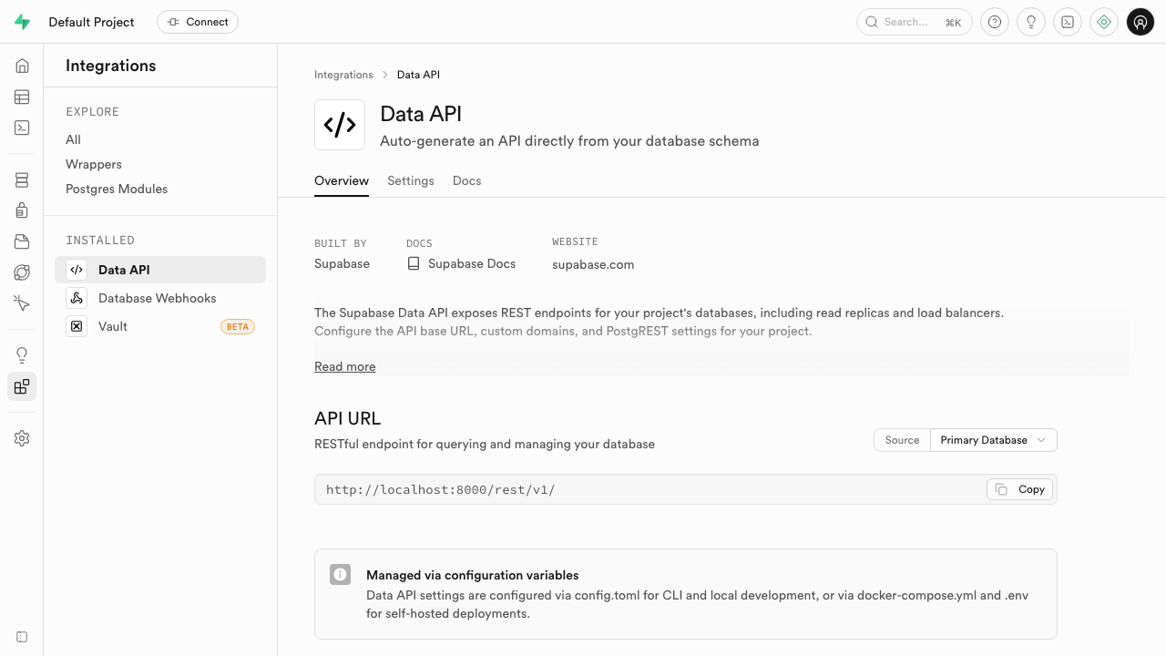 Supabase Studio API settings