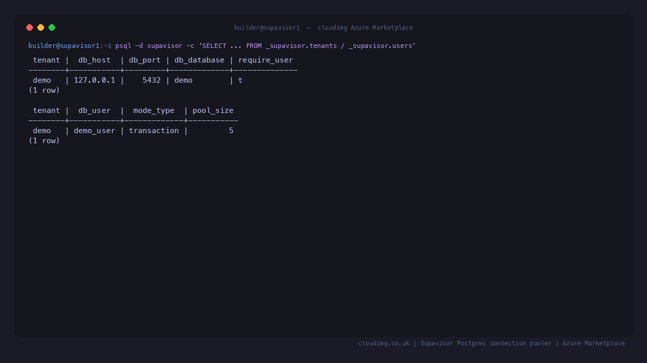 Terminal showing the Supavisor metadata: the tenants table with the demo tenant pointing at db_host 127.0.0.1 port 5432 database demo with require_user true, and the users table showing the demo tenant user demo_user in transaction mode with a pool size of five