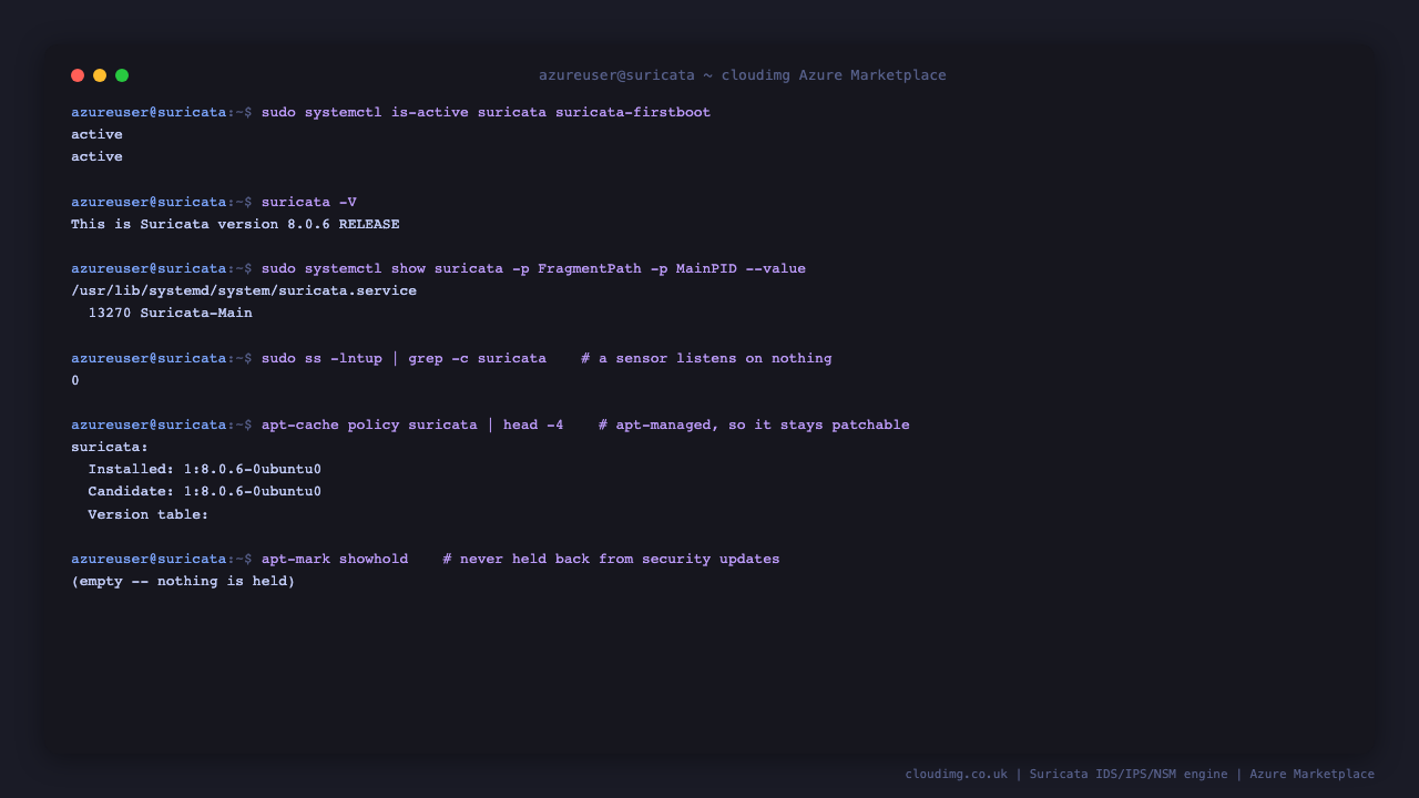 The Suricata service and its first boot configuration service both reporting active on a freshly deployed virtual machine, with the engine confirmed to be listening on no network port at all