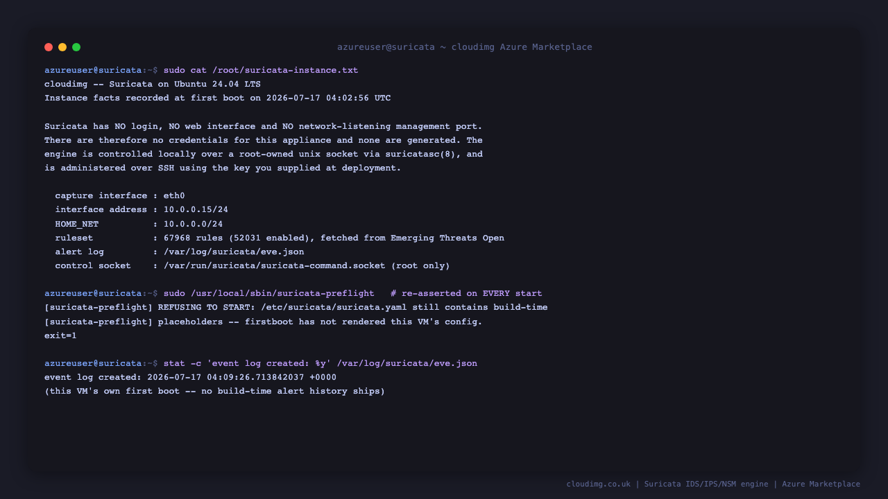 The appliance's security posture on a running virtual machine: the per instance note confirming no credentials exist for this product, the preflight mechanism that refuses to start the engine on an unconfigured machine, and the event log timestamped to this machine's own first boot rather than to the image build