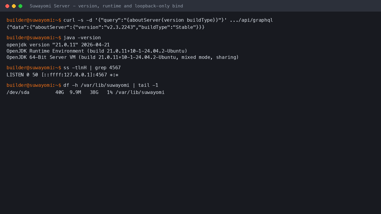Suwayomi Server terminal output showing the GraphQL aboutServer query returning version v2.3.2243 Stable, the OpenJDK 21 runtime version, the loopback only listening socket on port 4567, and the dedicated 40 GiB data disk mounted at the data root
