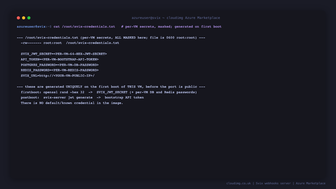 The svix-credentials.txt file at mode 0600 root root with the per VM JWT signing secret, bootstrap API token, PostgreSQL password, Redis password and URL all masked, and a note that they are generated uniquely on first boot before the port is public