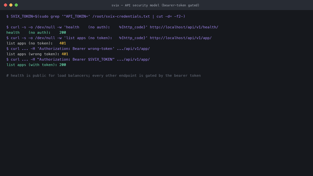 curl showing the health endpoint returning HTTP 200 with no auth, the application list rejected with HTTP 401 for no token and a wrong token, and HTTP 200 when the per instance API token is supplied