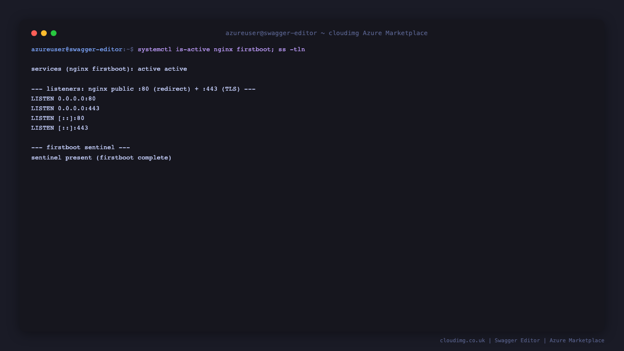 Terminal showing the nginx and firstboot services active, nginx listening on public ports 80 and 443, and the firstboot sentinel present