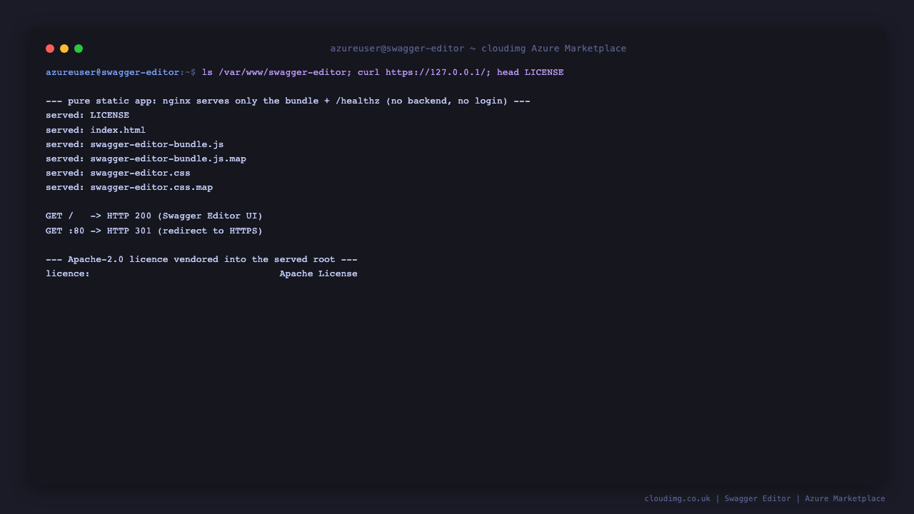 Terminal showing the served static files, GET / returning HTTP 200 and port 80 returning HTTP 301, and the Apache 2.0 licence vendored into the served root