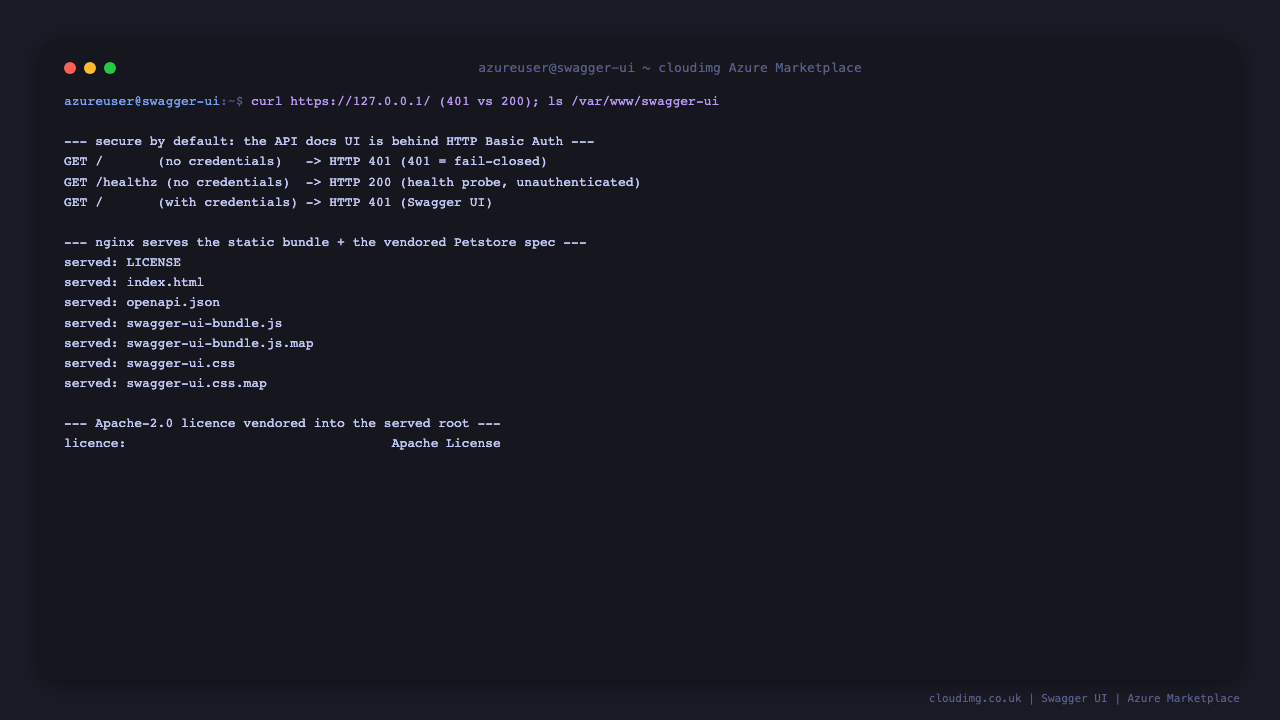 Terminal showing the API docs returning HTTP 401 without credentials and HTTP 200 with credentials, the unauthenticated health probe returning 200, the served static files including the vendored openapi.json, and the Apache 2.0 licence