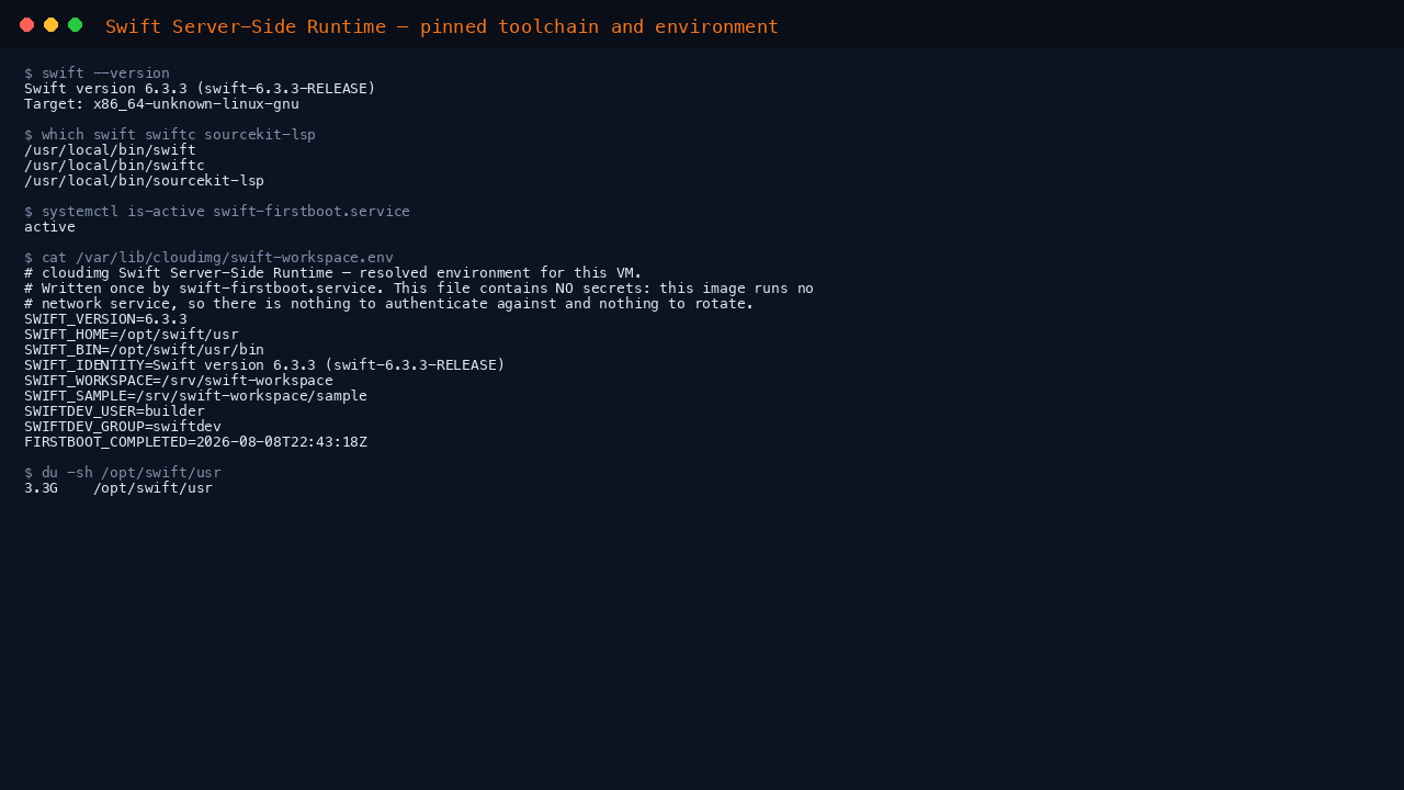 Terminal showing swift --version reporting Swift 6.3.3, swift, swiftc and sourcekit-lsp resolving under /usr/local/bin, the swift-firstboot service active, the first-boot environment manifest with the pinned version and workspace path and no credentials, and the toolchain occupying 3.3 GB under /opt/swift