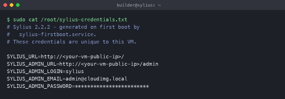 Per-VM Sylius credentials file