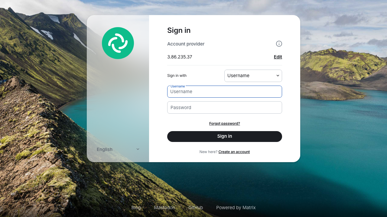 The Element sign in page, with this instance's address as the account provider