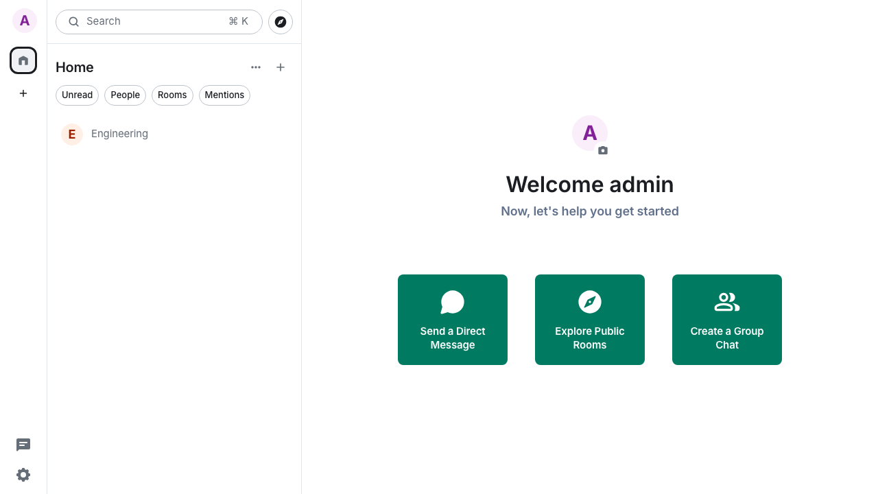 Element signed in as the administrator, with a room on the room list and the get started actions