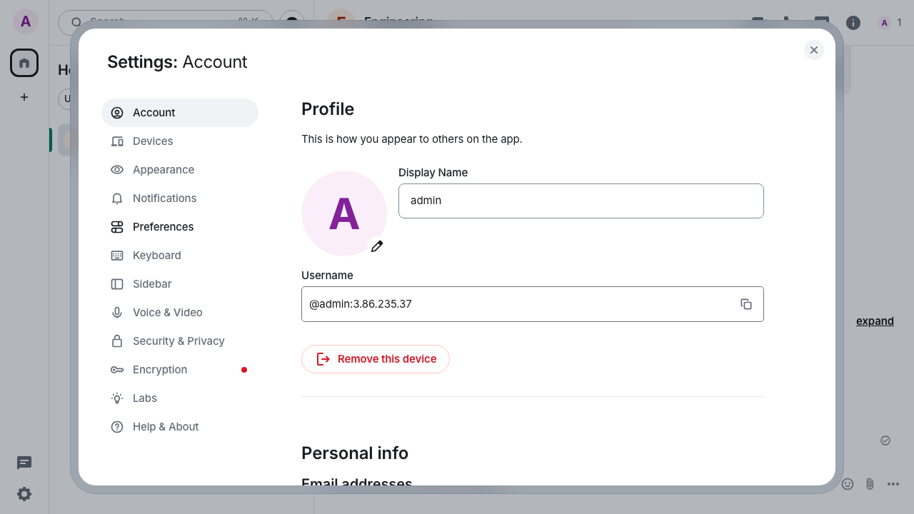 Element account settings showing the administrator's Matrix ID on this homeserver