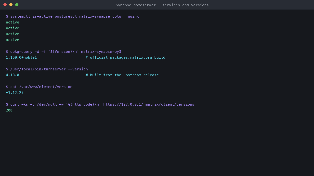 The postgresql, matrix-synapse, coturn and nginx services all active, with the pinned Synapse, coturn and web client versions and a 200 from the Matrix client API