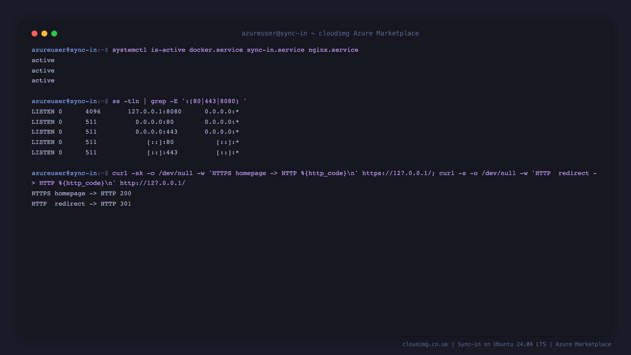 Sync-in services, loopback + nginx binding, and HTTPS health on the VM