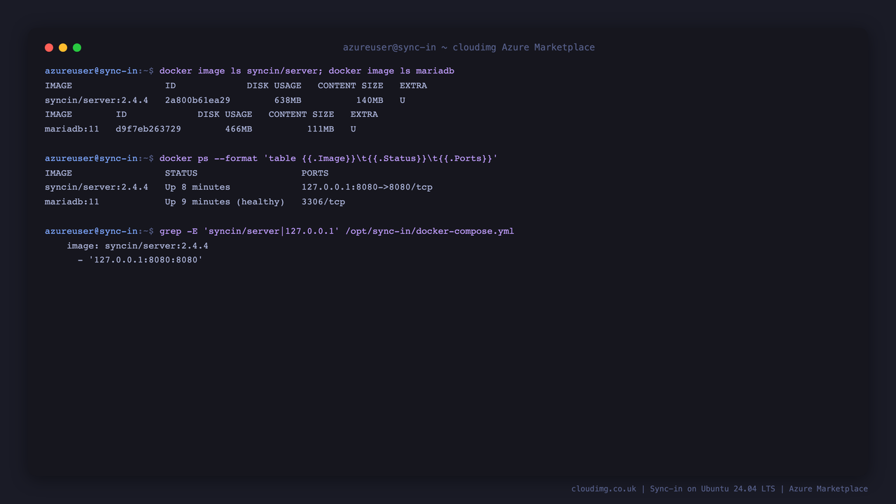 The pinned Sync-in and MariaDB container images and the loopback-published service