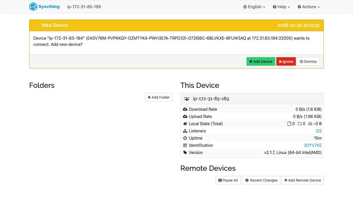 The Syncthing dashboard with a new device asking to connect