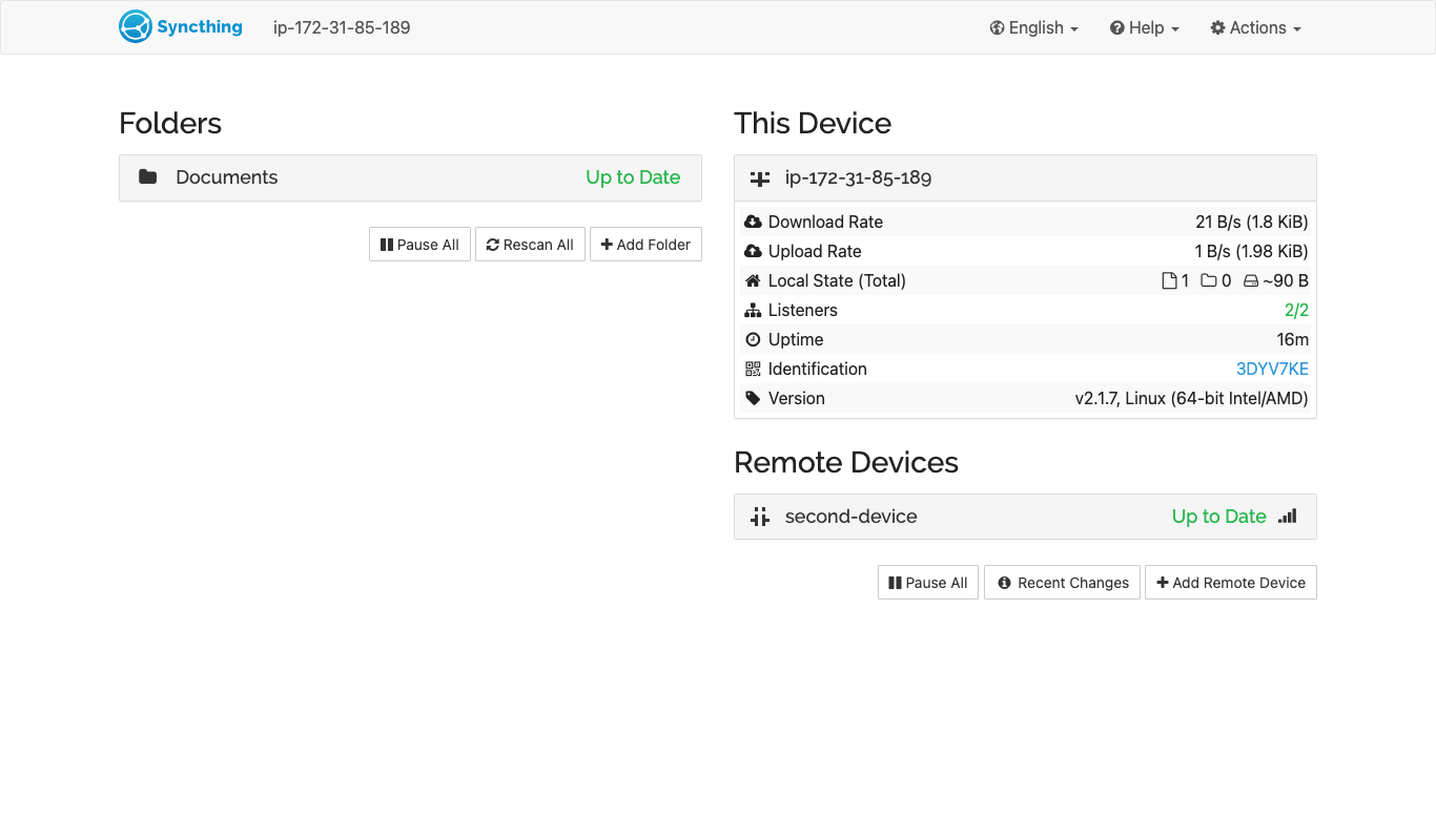 A folder synced from the second device, Up to Date