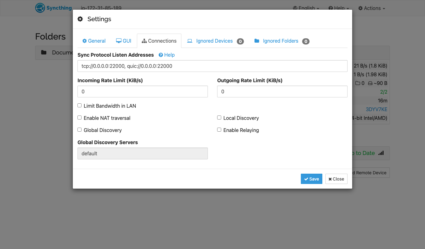 Syncthing connection settings: global discovery, local discovery, relaying and NAT traversal off