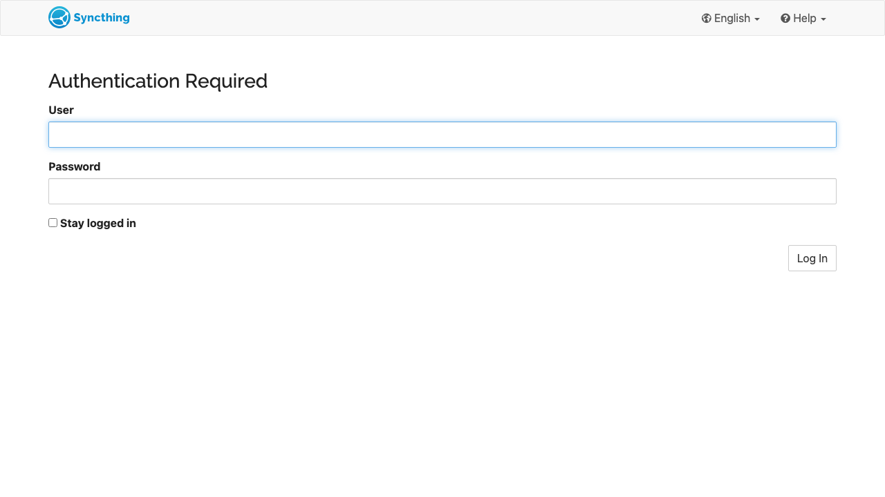 Syncthing web GUI sign-in form served through nginx on port 80