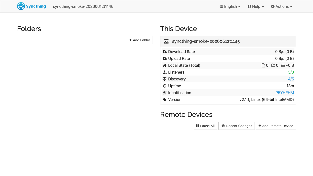 Syncthing dashboard showing the default folder, this device's identification and listener status