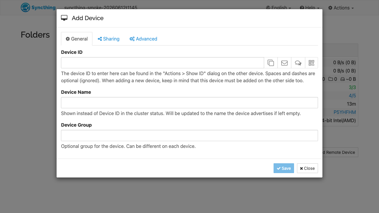 Syncthing Add Device dialog where a remote Device ID is pasted to start syncing