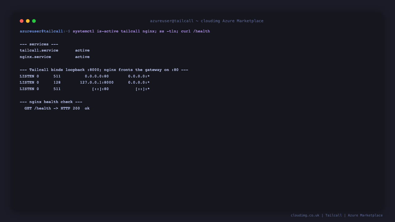 Terminal showing the tailcall and nginx services active, Tailcall bound to loopback 8000 with nginx fronting port 80, and the health endpoint returning HTTP 200