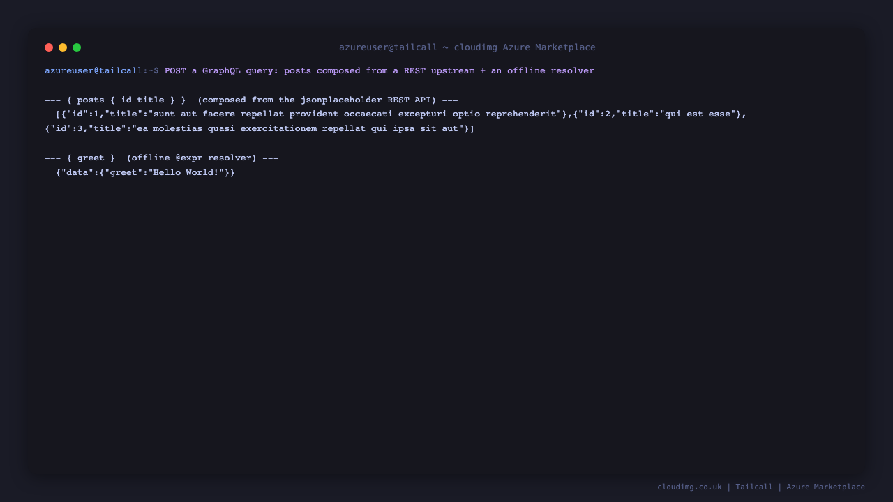 Terminal showing a GraphQL query returning a posts array composed from the REST upstream and the greet resolver returning Hello World