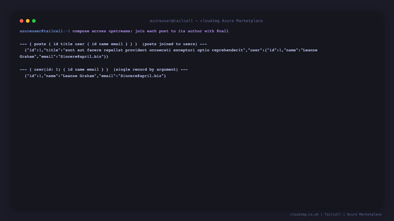 Terminal showing a GraphQL query joining each post to its author across two REST endpoints and a single user fetched by argument