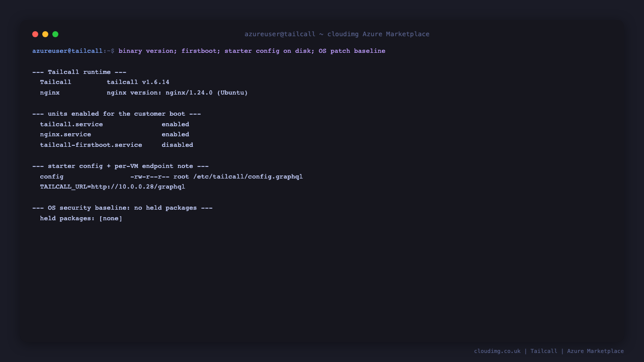 Terminal showing the Tailcall binary version, the enabled services, the per VM info note with the resolved endpoint URL, and a clean OS security baseline with no held packages