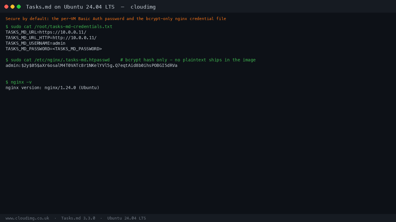 The per-VM credentials file with the generated admin password, the bcrypt-only nginx Basic Auth entry, and the nginx version