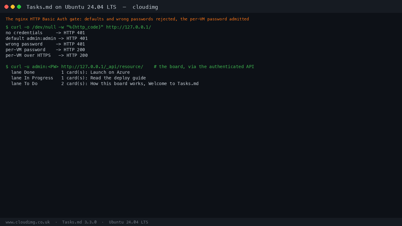 The HTTP Basic Auth round-trip returning 401 for no credentials, the default admin:admin and a wrong password, and 200 for the per-VM password over HTTP and HTTPS, plus the authenticated API listing the starter board's lanes and cards