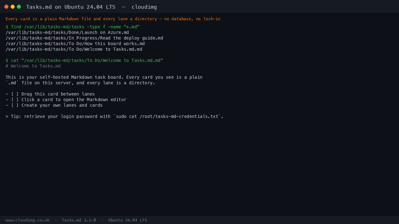 The Markdown files that back the board on disk, and the content of the Welcome card, showing that every card is a plain .md file