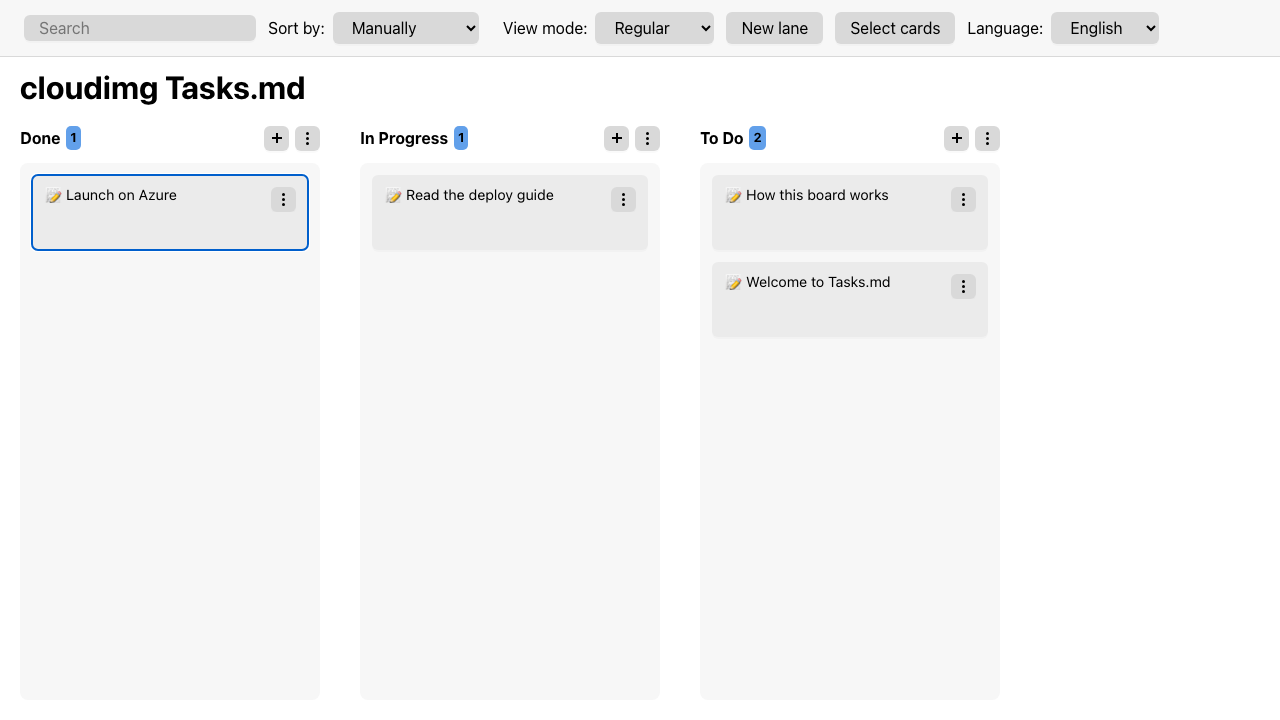 The Tasks.md kanban board after signing in, showing the To Do, In Progress and Done lanes with the starter Markdown cards