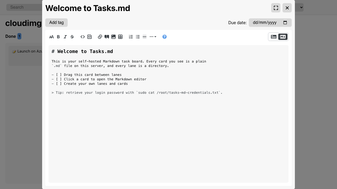 The "Welcome to Tasks.md" card open in the Markdown editor, showing the editor toolbar and the card's real Markdown content