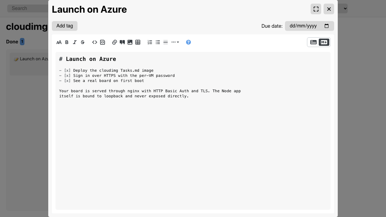 The "Launch on Azure" card open, showing a completed Markdown checklist with all items checked