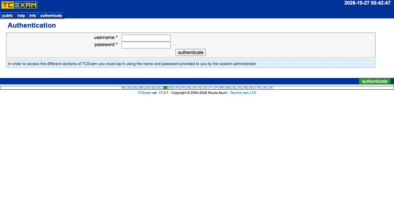 The TCExam administration sign-in page served over HTTPS