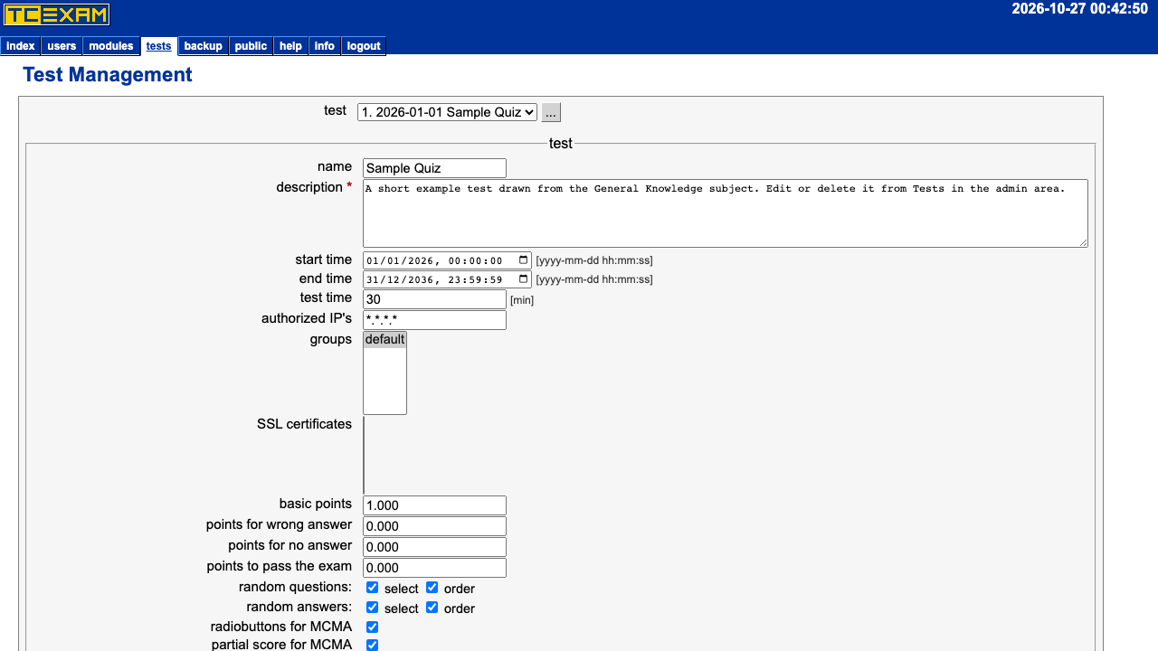 The seeded Sample Quiz in the TCExam test editor