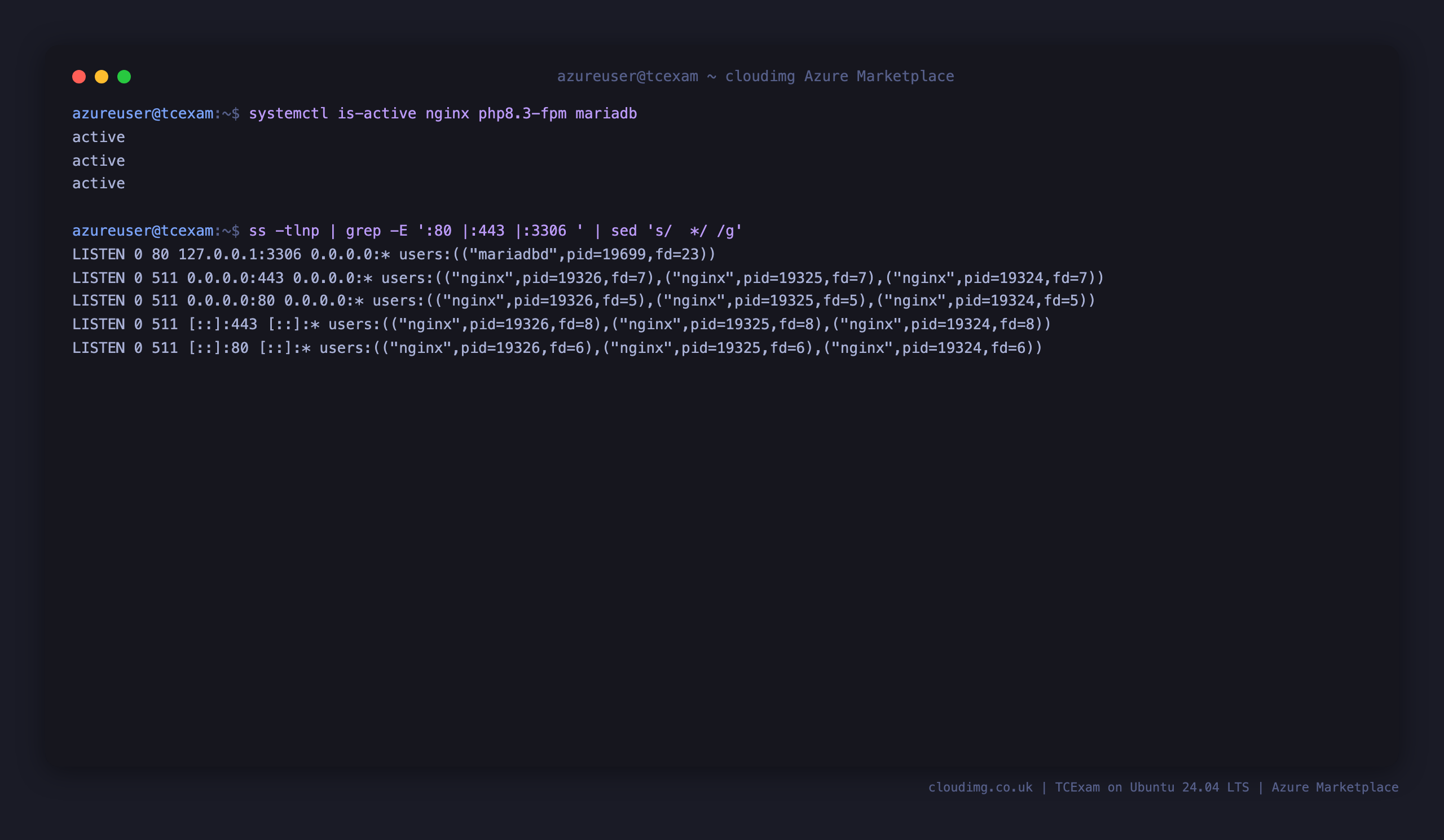 The nginx, php8.3-fpm and mariadb services active, with nginx on ports 80 and 443 and MariaDB bound to loopback 127.0.0.1:3306
