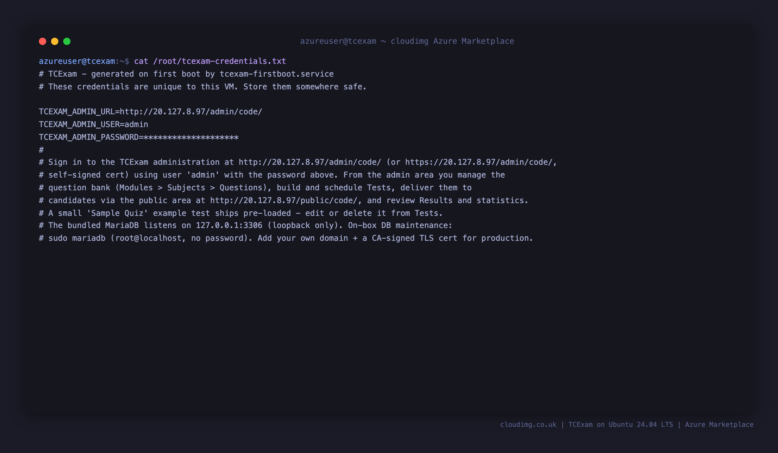 The per VM TCExam credentials file, showing the admin login user, the generated password and the admin area URL