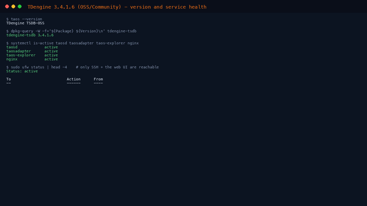 TDengine version, service health and firewall status
